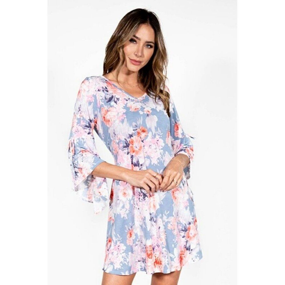 SALE! SEW IN LOVE Bulgari Slinky Floral Bell Sleeve V-Neck Dress VED120-1546B